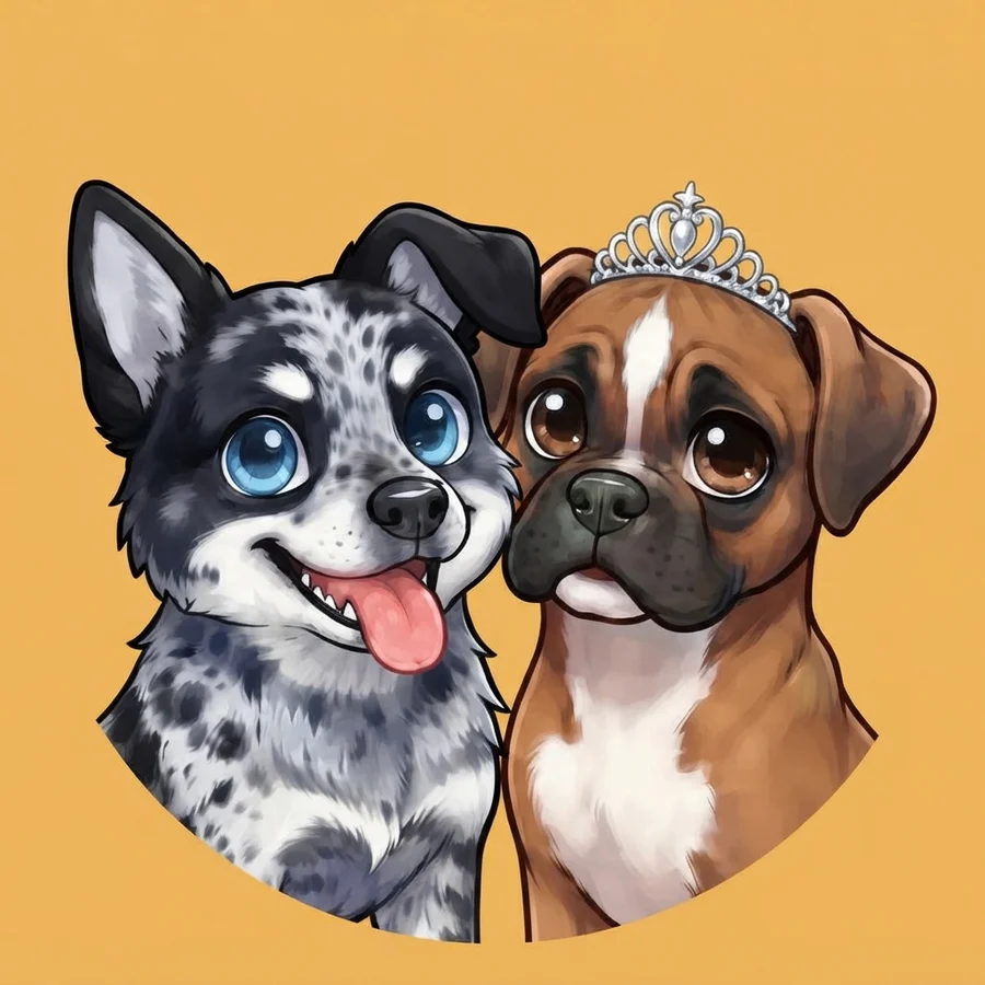 Cartoon Happy, a speckled blue heeler with one floppy ear, cheek to cheek with Zenni, a fawn boxer wearing a silver tiara